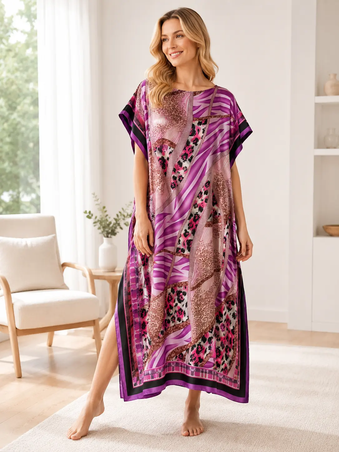 Women’s Slight Stretch Satiny Fabric Bold Pattern Kimono Robe Set - Long Sleeve Open Front Cardigan with Matching Scarf, Lightweight Sun Protection Swimsuit Coverup, 140cm*85cm, Beachwear Cover Up