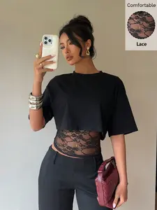 Women Summer Short Sleeve One Shoulder Lace Party Club T Shirt Tops
