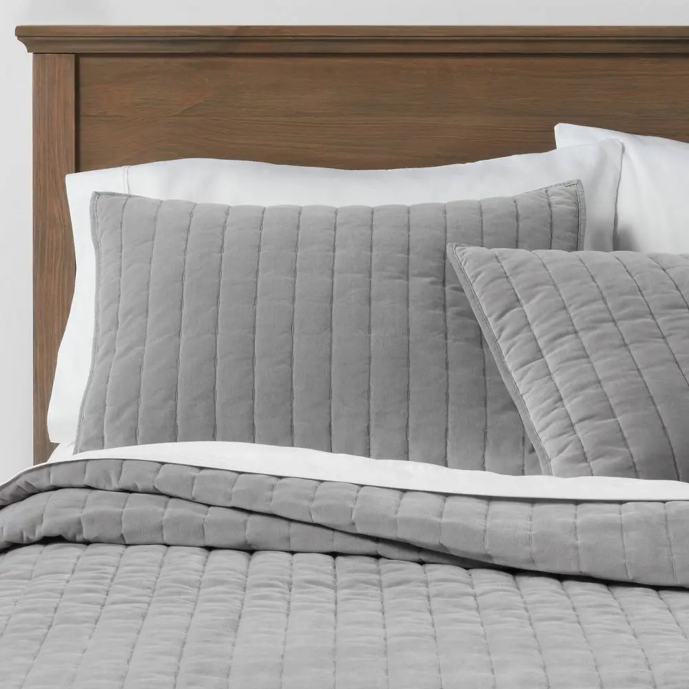 Full/Queen Channel Stitch Velvet Quilt Gray - Threshold: Cotton Backing Year Round Comfort OEKO-TEX Certified