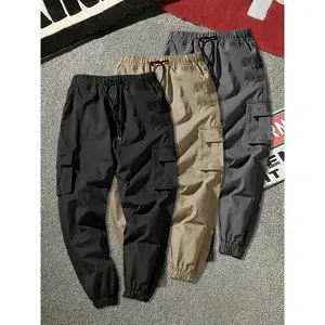 3-Pack Men's Solid Color Cargo Pants - Non-Stretch, Regular Fit, 100% Polyester - Multi-Pocket Flap, Drawstring Waist, Woven Fabric, 180g/m2, for Weekend Casual Wear Menswear Sport solid color cargo pant