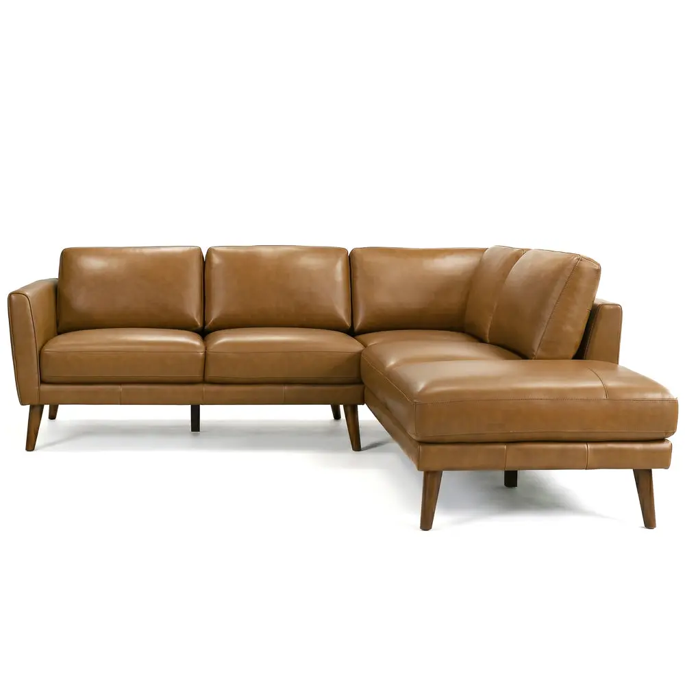 Bexley Tan Full Leather Right-Facing Chaise Sectional - Leather Upholstered, Modern Design, Wood-Frame Living Room Sofa Set, Full Leather Sectional Sofa