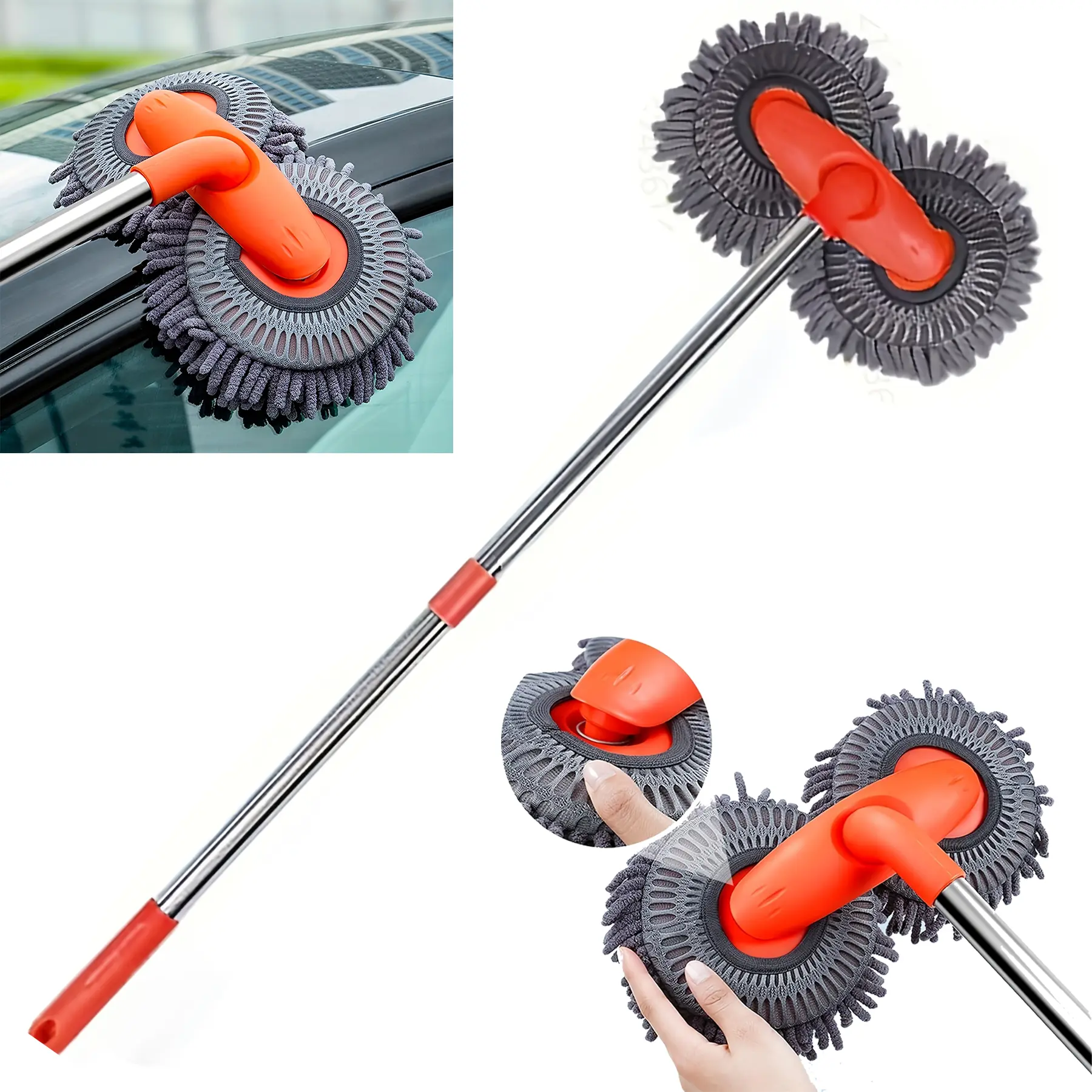 360° Rotating Double Head Car Wash Brush Retractable Long Handle Car Cleaning Mop Kit with Microfiber Squeegee & Windshield Pads Detachable Car Wash Mitt for Vehicle Window Home Cleaning