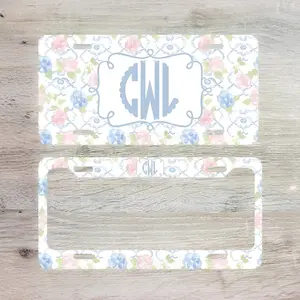 Personalized Floral Monogram License Plate Frame Set, Custom Initial Car Tag, Vintage Flower Plate & Frame, Custom Name Auto Accessory Gift, Personalized Car Accessories, Gifts for Her, Truck Tags