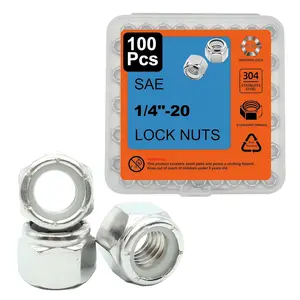 100 Pcs 1/4 Lock Nut, Standard Metric 1/4-20 Nylock Nuts, Nylon Insert 1/4 20 Nut, 304 Stainless Steel 1/4-20 Nut, Thread 1/4x20 Nylock Nut