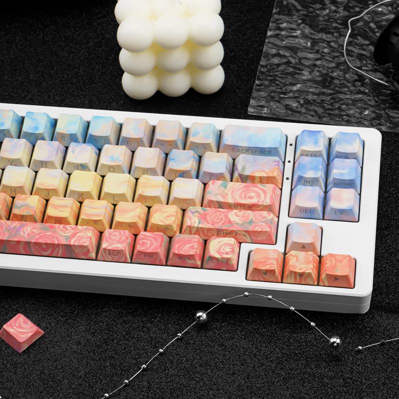 Rose Coast Gradient Oil Painting Style PBT Keycaps Compatible with 61/64/87/104/108 Cherry Switches Side-Engraved Transparent Keycaps Five-Sided Dye-Sublimation Custom Mechanical Keycaps Wear-Resistant Non-Transparent