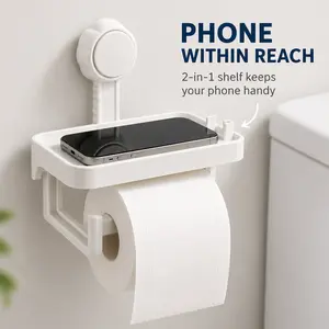 White rectangular self-adhesive plastic toilet paper holder for bathrooms—fixed accessory. 2-in-1 suction cup wall-mounted toilet paper holder with storage tray; no drilling required; waterproof roll holder suitable for bathrooms, kitchens, apartments, do