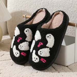 Women Men Cotton Slippers Winter Halloween Slippers Pumpkin Pattern Memory Foam Cozy Warm Indoor Outdoor Shoes Non-Slip Sole Festive Design