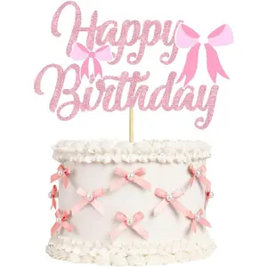 12Pcs Mini Pink Bow And Pearl Cake Toppers, 1 Pc Happy Birthday Sign, Coquette Toppers for Pink Bow Birthday Decorations Baby Shower Bridal Shower Graduation Bachelorette Party