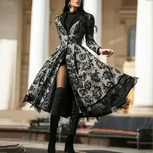 A large-sized retro long trench coat with lace patchwork for women in winter 2025 Women's Long Sleeve Open Front Blazer Can be used with a raincoat