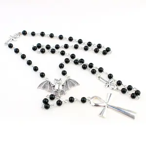 Ankh Cross Black Beads Bat Necklace Punk Cool Long Rosary Beaded Gothic Sweater Chain for Women Men