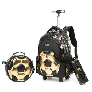 Black Gold Soccer Rolling Backpack Set for Boys | 3-in-1 Backpack + Lunch Bag + Pencil Pouch | Sports Design | Back to School Essentials aesthetic bookbag