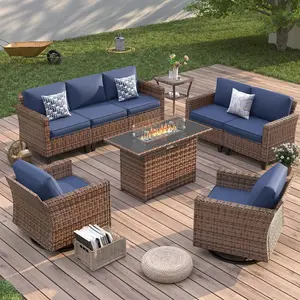 UDPATIO Modern Outdoor Wicker Sofa Set, fire pittable Rattan Wicker Outdoor Sectional Set with Rocking Swivel Chairs, Wicker Rattan Outdoor Sofa Set with Storage Table and Waterproof Covers for Backyard, Deck, Porch