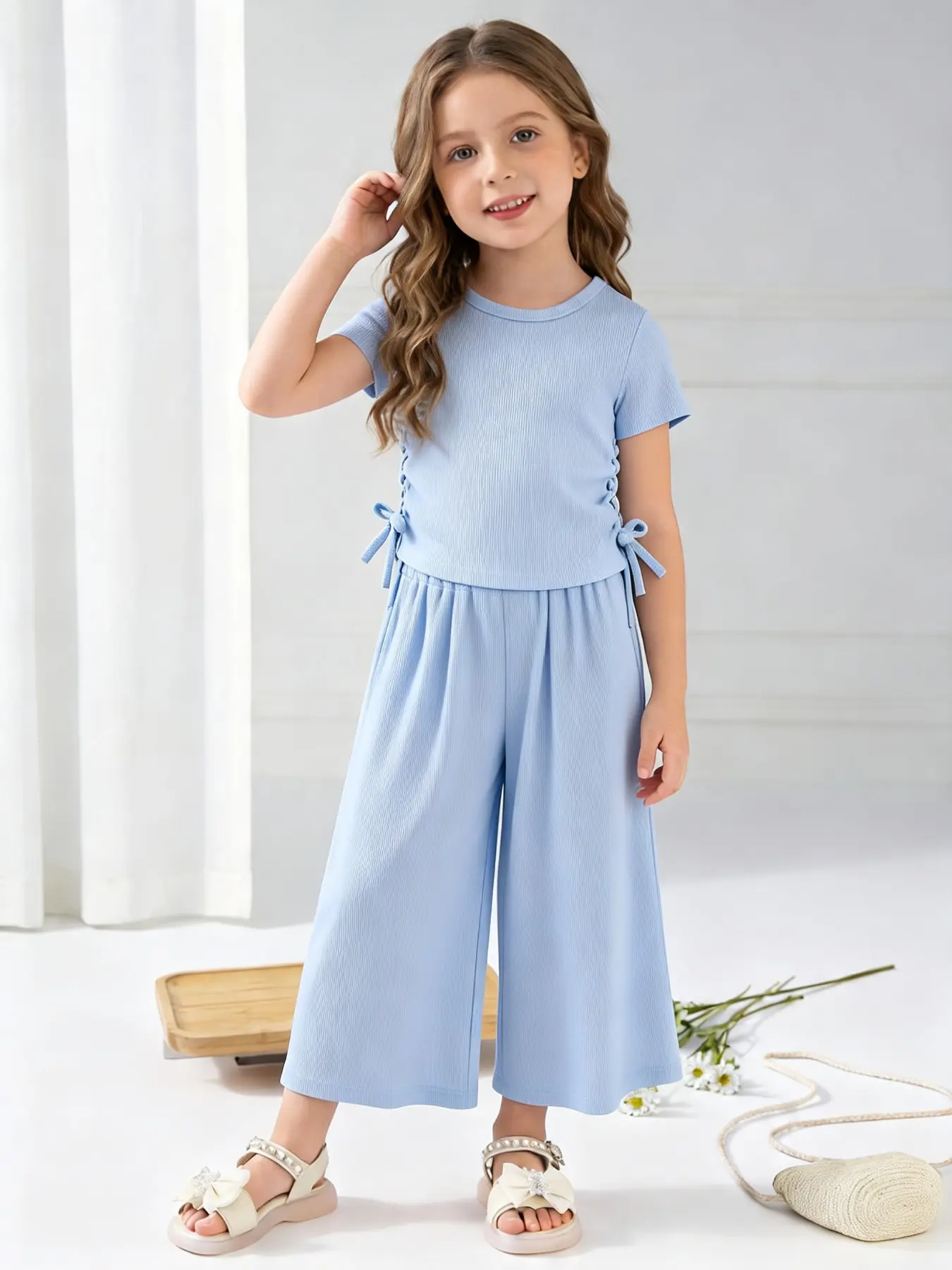 Girls' Summer Drawstring Set, Summer Clothing Set, Round Neck Short T-Shirt + Loose Wide Leg Pants, Sweet Casual, Ages 3-8, Perfect for Daily Wear or Gifts