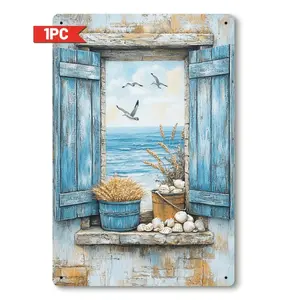 [2D Flat] Coastal Sea View Metal Sign - 8x12 Inch Iron Wall Decor with Serene Ocean Scene, Seashells & Wheat Stalks, Perfect for Beach Cottages, Coastal Homes, or Summer Decorations, Beach Theme Decor, Perfect for Room Decor