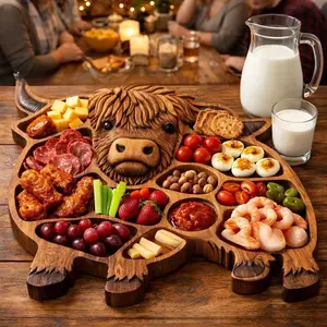 Highland Cow Charcuterie Board - Wooden Cheese Board Serving Tray, Rustic Farmhouse Meat Snack Platter with Compartments, Wall Mountable Highland Cow Decor, Solid Wood Cheese Platter for Entertaining, Housewarming Gift for Women Men, Serving Platters