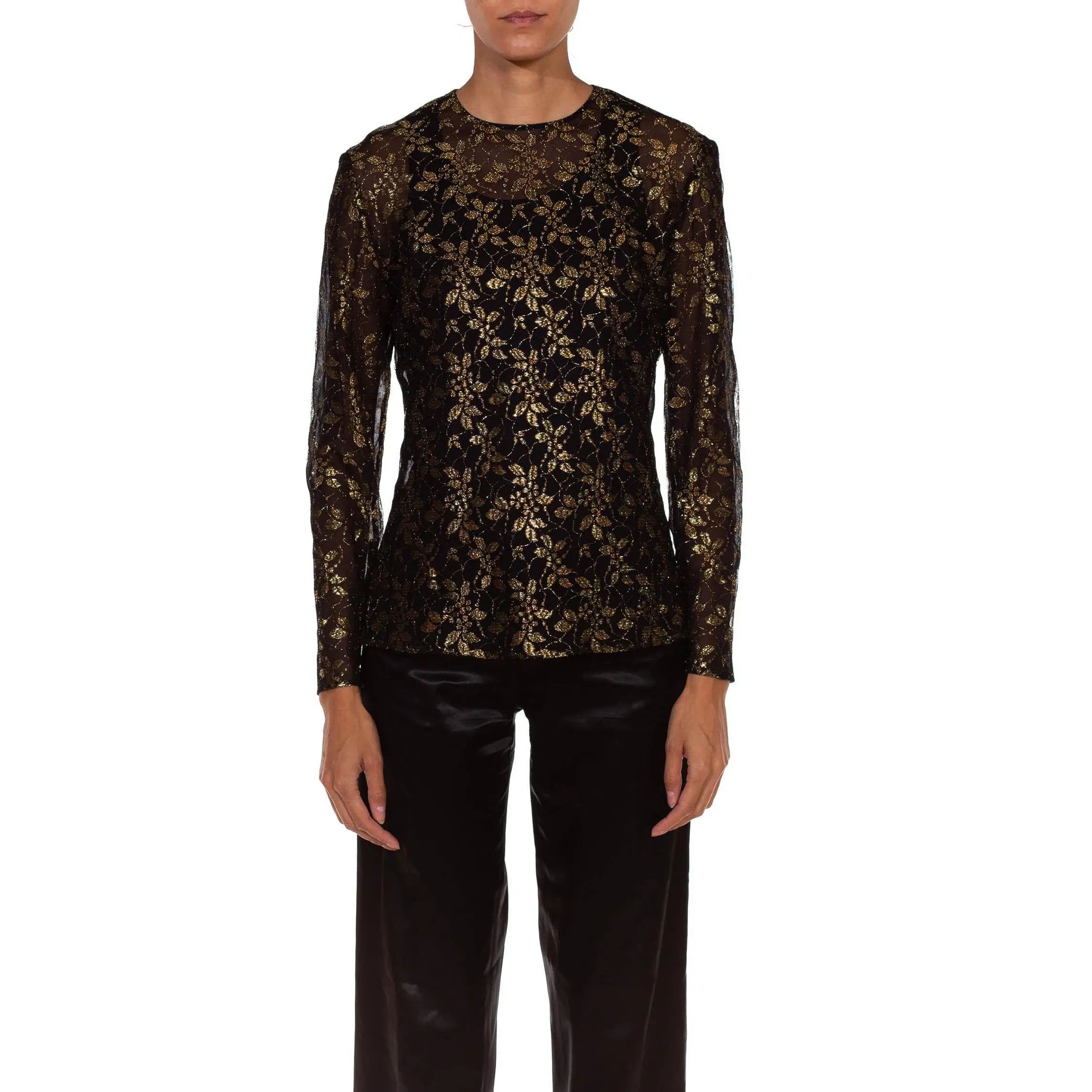 1990S GIANFRANCO FERRE Black & Gold Silk Lace Blouse