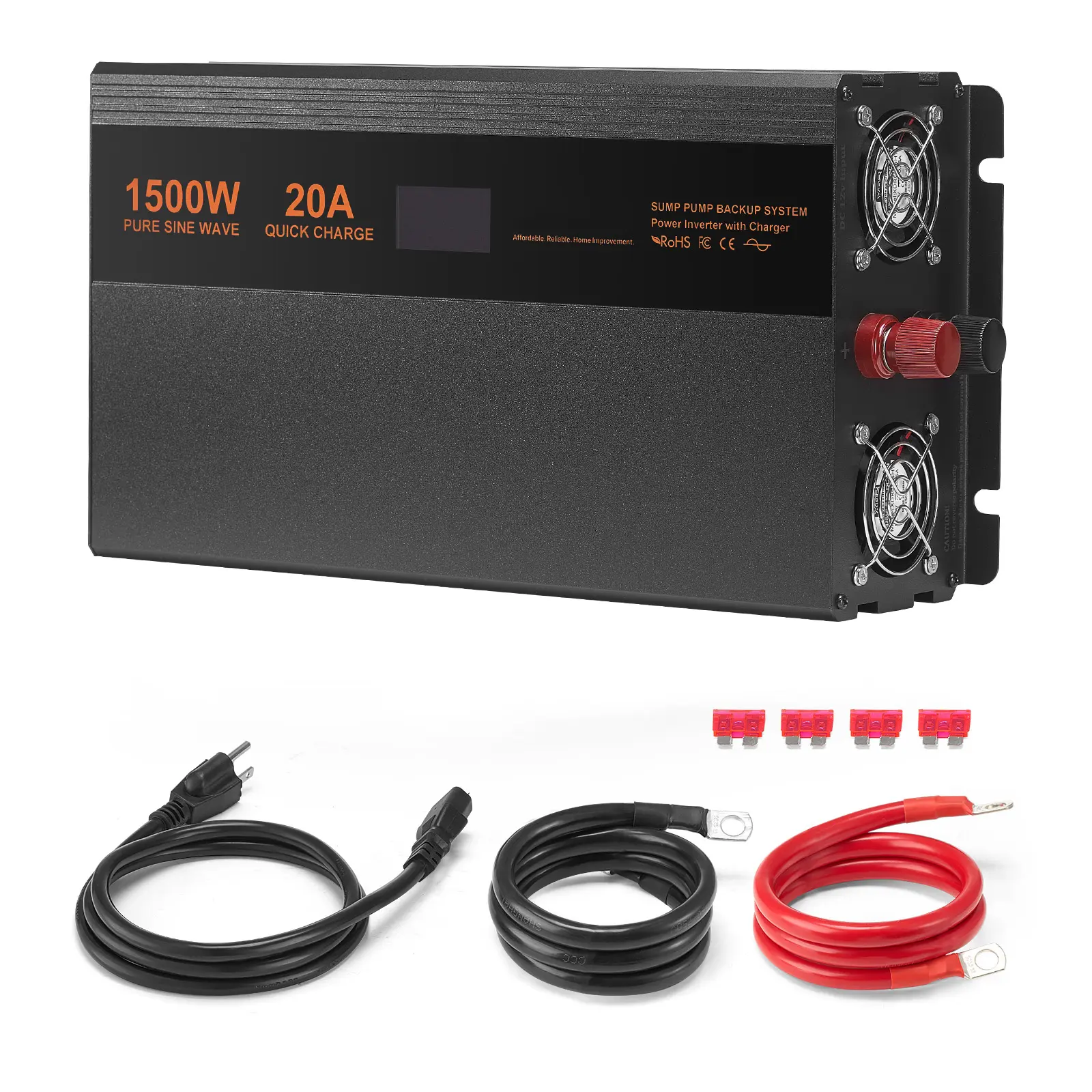 1500W/3000W Sump Pump Battery Backup System with Cables Set, Auto-Switch Battery Inverter, Pure Sine Wave, LCD Display for Basement Protection & Power Outages