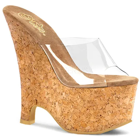 Women's PLEASER BEAU-601 Stylish Clear-Tan Cork Wedge High Heel Sandals - 6.5in Open Toe, Breathable Summer Warm-Weather Shoe