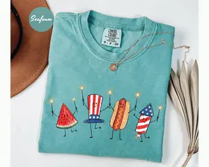 Comfort Colort Patriotic Doodle, Cute Fourth of July Shirt, Watermelon Hotdog Firework Shirt, Retro American Shirt, Funny Sumer 250th Shirt