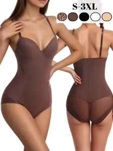 Women's Mesh Waist Trainer Bodysuit, Adjustable Push-Up Shapewear, Breathable Argyle Lace Patchwork, High Elastic Seamless Design
