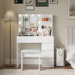 Vanity, Makeup Vanity Desk Set with Mirror & Light, Dressing Table Storage Lots with Power Strip, 3 Lighting Modes with Adjustable Brightness, 37 Inches  (White with Stool) Dresser Luxury Modern Design white furniture organization