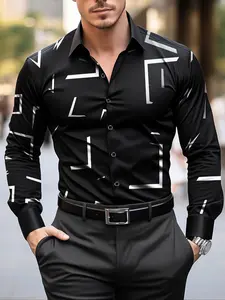 Men's Regular Fit Geometric Print Long Sleeve Shirt, Casual Comfy Button Front Collared Top for Daily Wear,  Shirts for Men, Fashion Men's Clothes for All Seasons