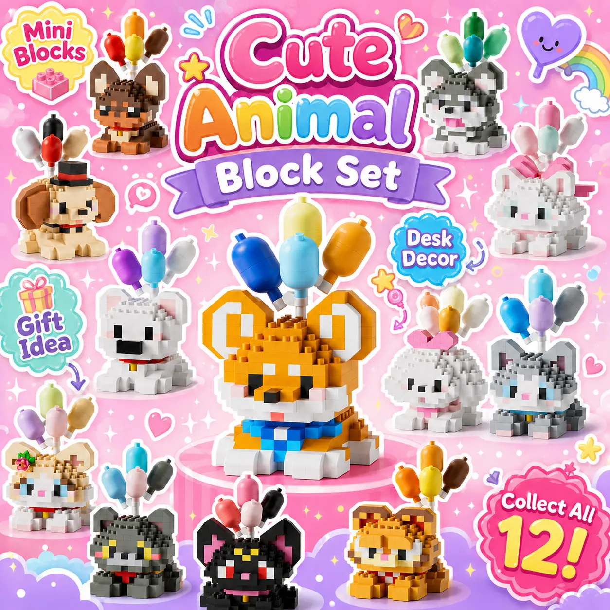Cat and Dog Collectible Building Blocks Set, Balloon Pet Mini Brick Figures, Creative Playset, Stacking Bricks, Cute Desk Decor, Home Office Bookshelf Decoration, Unisex Gift Toy, Birthday Christmas Holiday Gift for Teens Adults and Toy Lovers, Gift Model