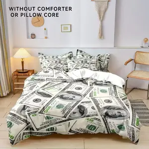 3pcs Polyester Artistic Money Pattern Decorative Bedding Set, Soft Comfortable Duvet Cover and Pillowcases, Perfect Gift for Bedroom and Guest Room