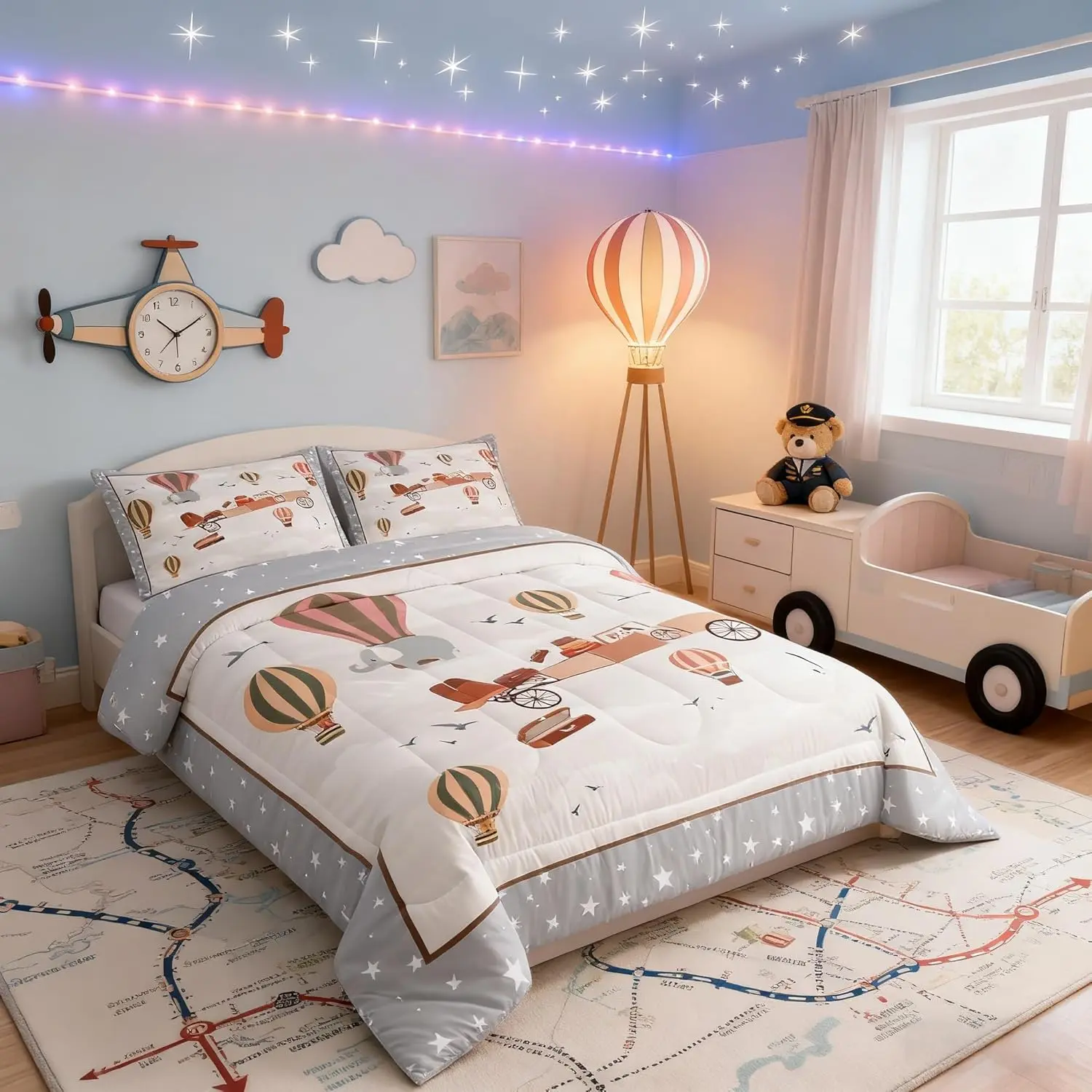 Feelyou Soft Kids Bedding Set - Multi-Size (Twin/Full/Toddler), Animals Themed Comforter with Duvet Insert, Cartoon Aircraft, Hot Air Balloon, Elephant, Dog & Starry Sky Prints for Children, Toddler Size, Tumble Dry In Low Heat