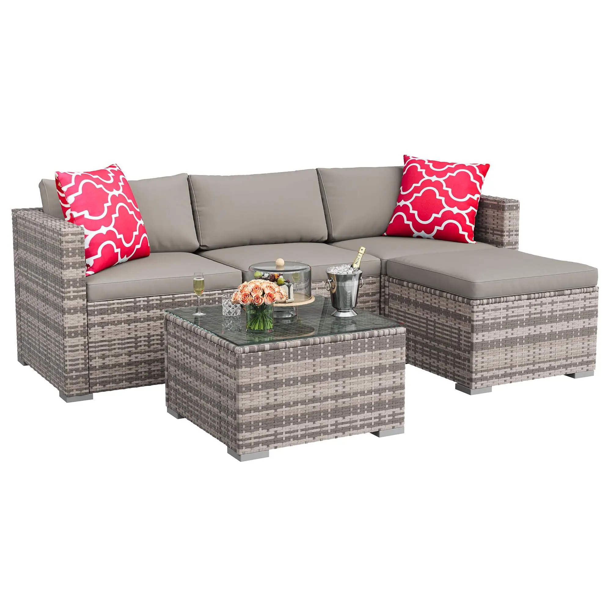 GAOMON 5-Piece Modern All-Weather Patio Furniture Set, Convertible Outdoor Sectional Sofa with Ottoman, Tempered Glass Table, PE Rattan Conversation Set for Garden, Backyard, Grey/Light Grey, Modern Patio Set