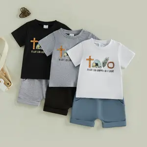 Toddler Baby Little Boys Easter Outfits Cross Letter Print Short Sleeve T-Shirts and Elastic Waist Shorts Clothes Set 6M-4T