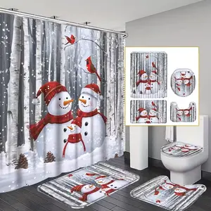 1/4pc Snowy Christmas Snowman Pattern Shower Curtain Set, includes a shower curtain, toilet seat cover, rectangular mat, and U-shaped mat. Perfect for bathroom décor, beautifying the space. Comes with 12 shower curtain hooks. Bathroom Supplies