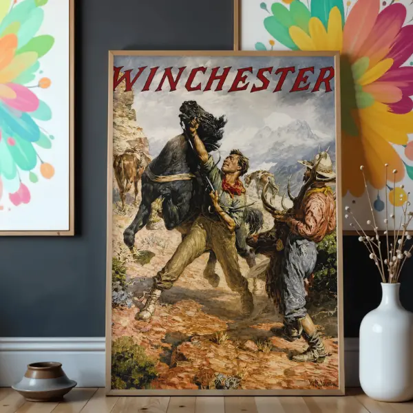 Vintage Winchester Hunting Poster, Bear Hunting Art Print, Mountain Wilderness Wall Art, Rustic Outdoorsman Decor, Retro Western Hunting Poster