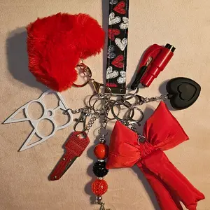 Beautiful Keychain with Red Fur Heart Lanyard and Red Bow Charm