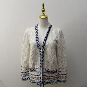 Pre-owned AS Backpacks CHANEL Women's White Cardigan with Colorful Striped Trim and Herringbone Pattern