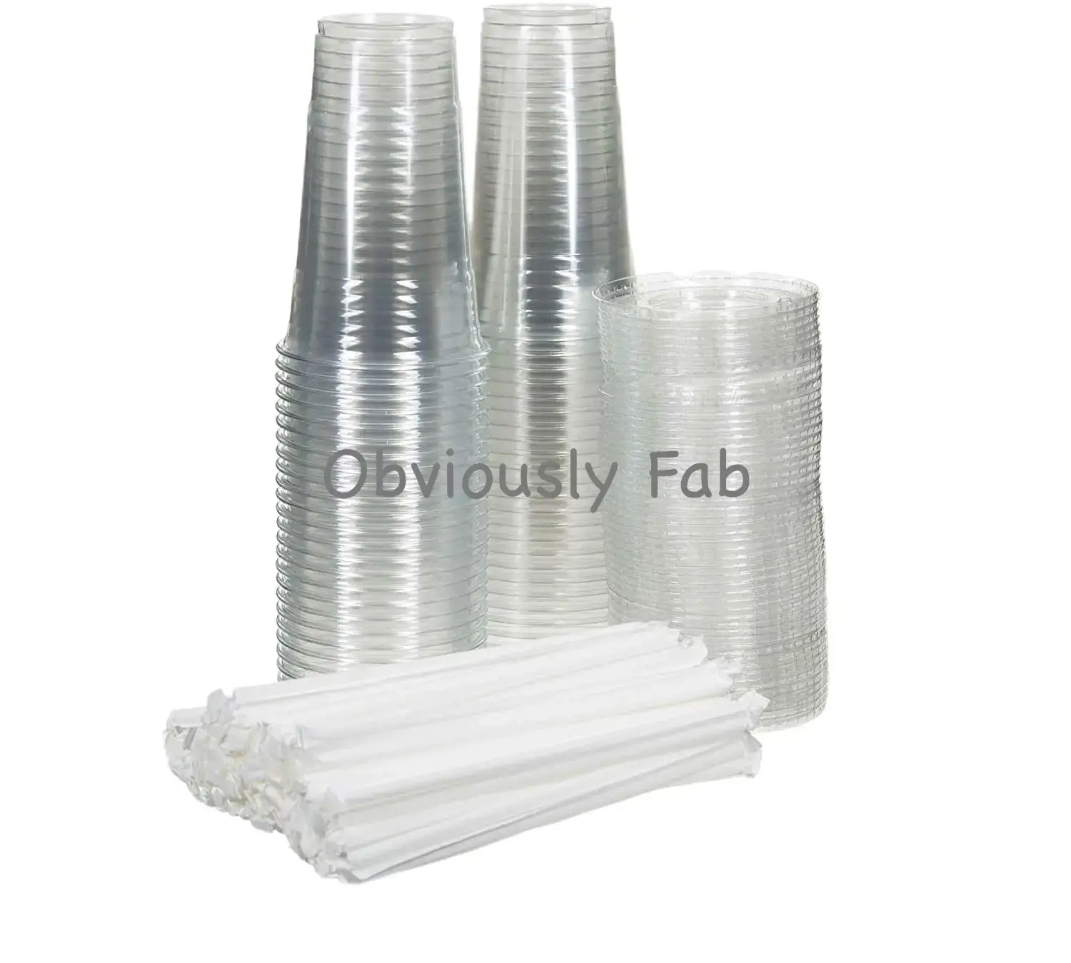 Obviouslyfab Eco Friendly Disposable PLA Clear Plastic Cups with Flat Straw Slot Lids and Straws, 100 sets, 12oz. Compostable Clear Cups, Disposable Clear Cups Set
