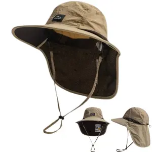 Outdoor neck protection and sun protection fisherman hat, adjustable mesh sun protection hat, UPF50+UV protection sun protection hat, with windproof rope and large eaves hat, foldable breathable hat, suitable for outdoor sports work