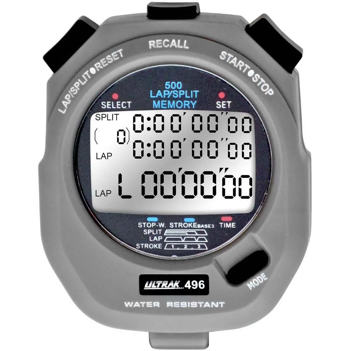 Ultrak 496 Digital Stopwatch with 500 Dual Split Memory, Lanyard, Lithium Battery, and Memory Recall Function (Sports & Outdoor Accessory), Electronic Stopwatch, Includes Lanyard, 5 Years, Large Three Row Display