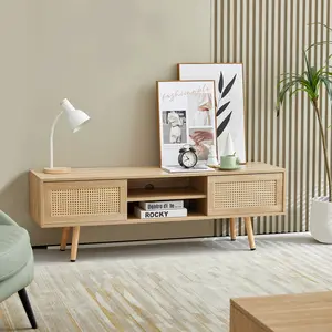 55.12" Rattan TV cabinet, double sliding doors for storage, adjustable shelf, solid wood legs, TV console for living room ,natural