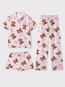 Women's Sleepwear 3-Piece Pajama Set, Short Sleeve Shorts Long Pants, Striped Highland Cow Bow Pattern, Comfortable Night Home Wear