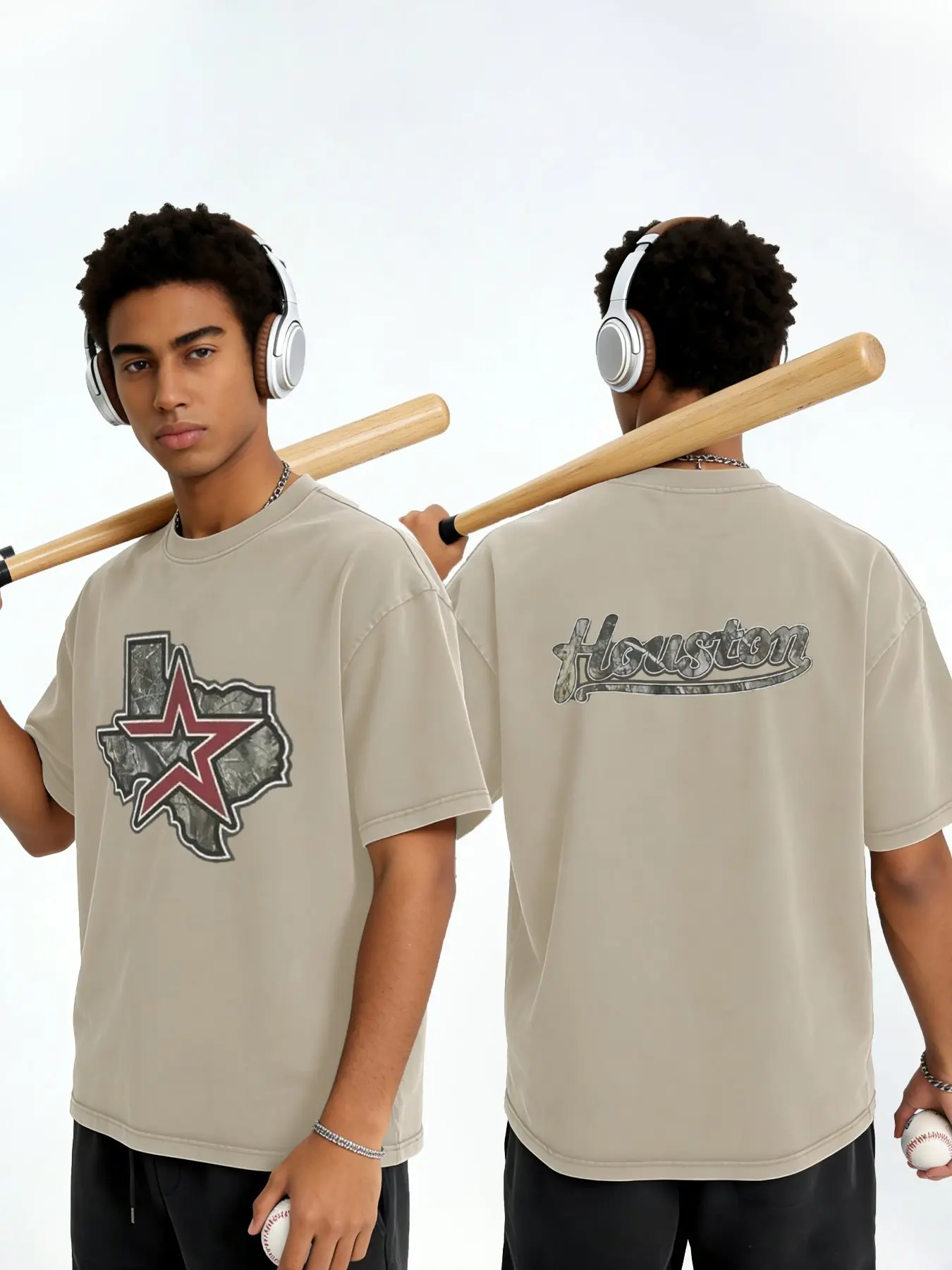 Vintage Washed Oversized T-Shirt Houston Texas Star Front Back Print Men Casual Streetwear Tee