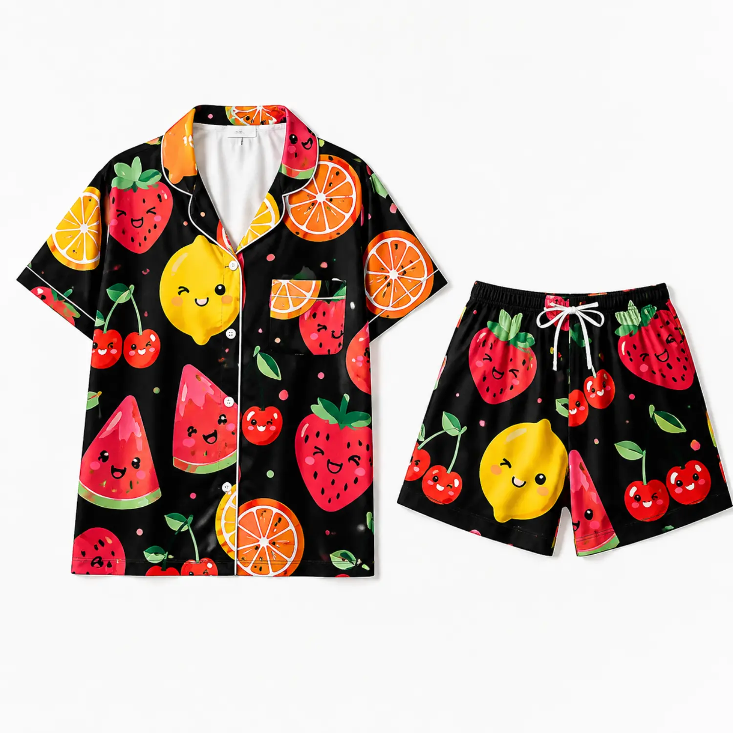 Black Fruit Print Pajama Set, Short Sleeve Button Down Sleep Shirt and Drawstring Shorts with Cute Strawberry, Citrus, Cherry, Lemon, and Watermelon Designs