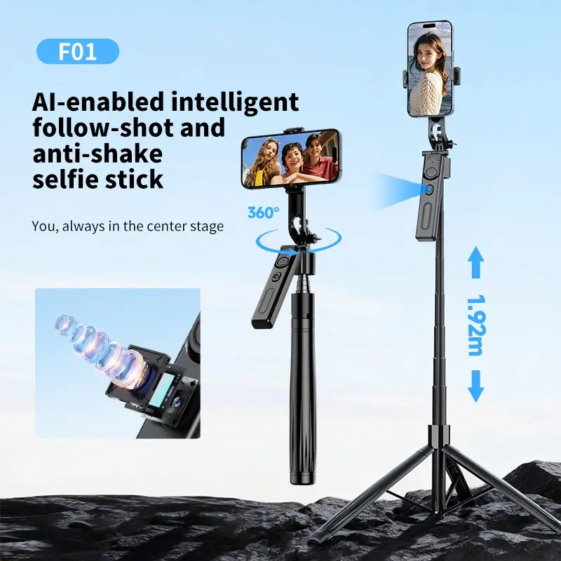 Automatic Face Tracking Extendable Selfie Tripod for Phone, 360 Rotating Tripod with Remote Control, Compact Portable, Max Extension Up to 75.6 Inches