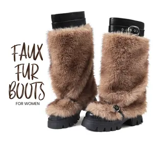 CELNEPHO Faux Fur Knee High Boots for Women Round Toe Chunky Platform Heel Buckle Strap Easy Pull on Slouchy Booties Gift Party Casual Wear Winter Warm Dress Shoes