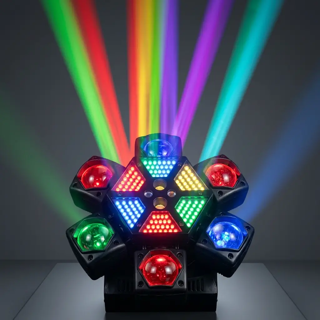 XNK 150W 6-Arm Bee Eye Moving Head DJ Light, RGBW LED Stage Light with Dynamic Beam Effects, Red & Green Lasers, Music Sync, Sound Activated, DMX512, Remote Control, Color Changing Party Light for Home, DJ, Club, Wedding, Bar & Event Lighting