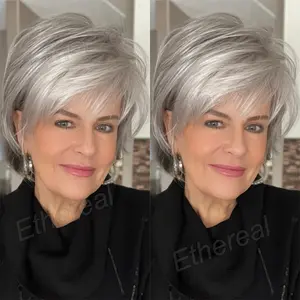 New Wholesale Arrivals Brazilian Remy Human Hair Wig - Natural Gray Color, Glueless No Adhesive Needed, 150% Density Voluminous Wig with Rose Net Cap - Everyday & Party Hairstyle for Women - Elegant Short Straight Layered Cut, Short Hair Wig, Versatile Ha