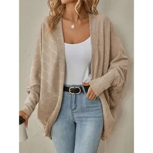 Women's Solid Color Batwing Sleeve Oversized Open Front Knitted Cardigan Cozy Casual Loose Fit Soft Polyester Sweater for Fall Winter Layering