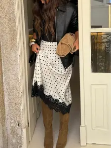 Women's Polka Dot Contrast Lace Hem Midi Skirt, High Waist Satin Dress, Elegant Casual Summer Party Date, Daily Wear Skirt