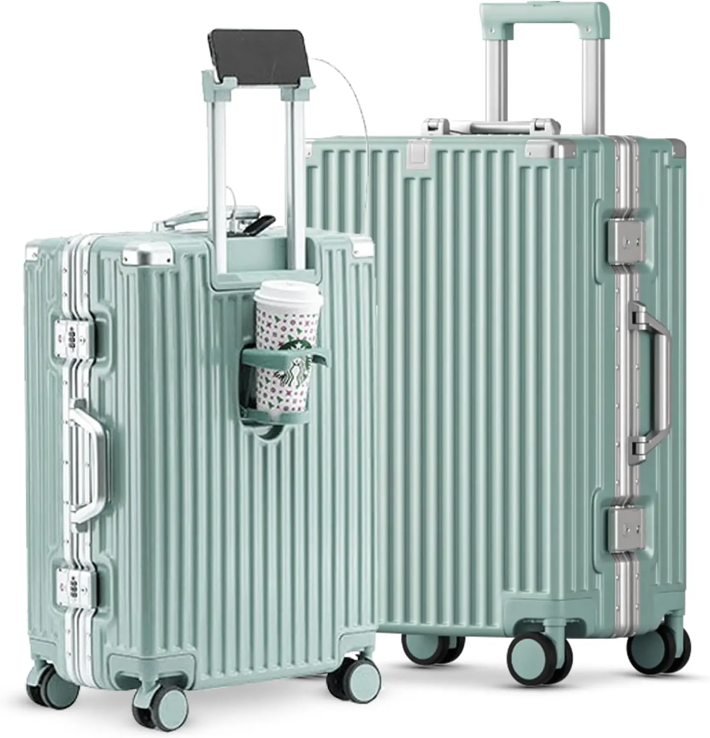 20+24 Inch Carry-on Luggage with Cup Holder & USB Port TSA Lock Hardside Luggage with Double Spinner Wheels Lightweight Travel Suitcase