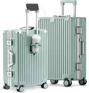 20+24 Inch Carry-on Luggage with Cup Holder & USB Port TSA Lock Hardside Luggage with Double Spinner Wheels Lightweight Travel Suitcase